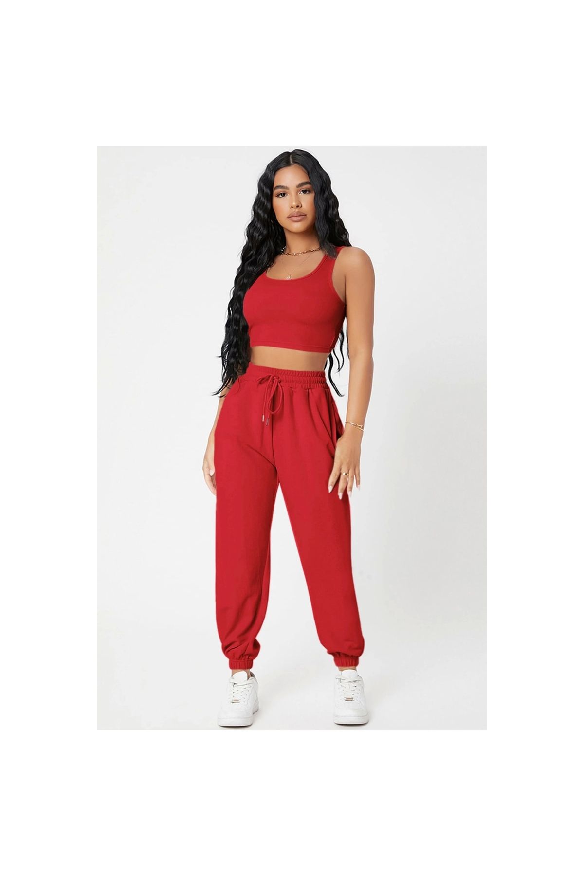 Marsilyan - Kadın Kırmızı Kaşkorse Cepli Jogger Eşofman Altı ve Crop Top Bluz
