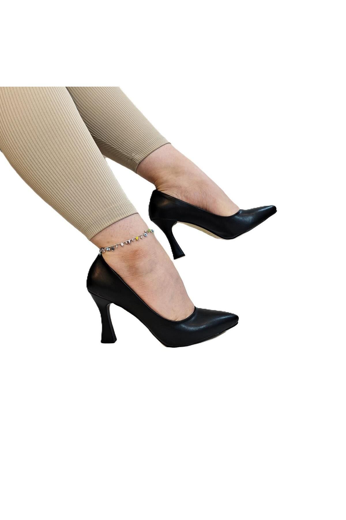Fiyra 7036 Siyah Cilt İnce Kadeh Topuk Stiletto Topuklu Ayakkabı