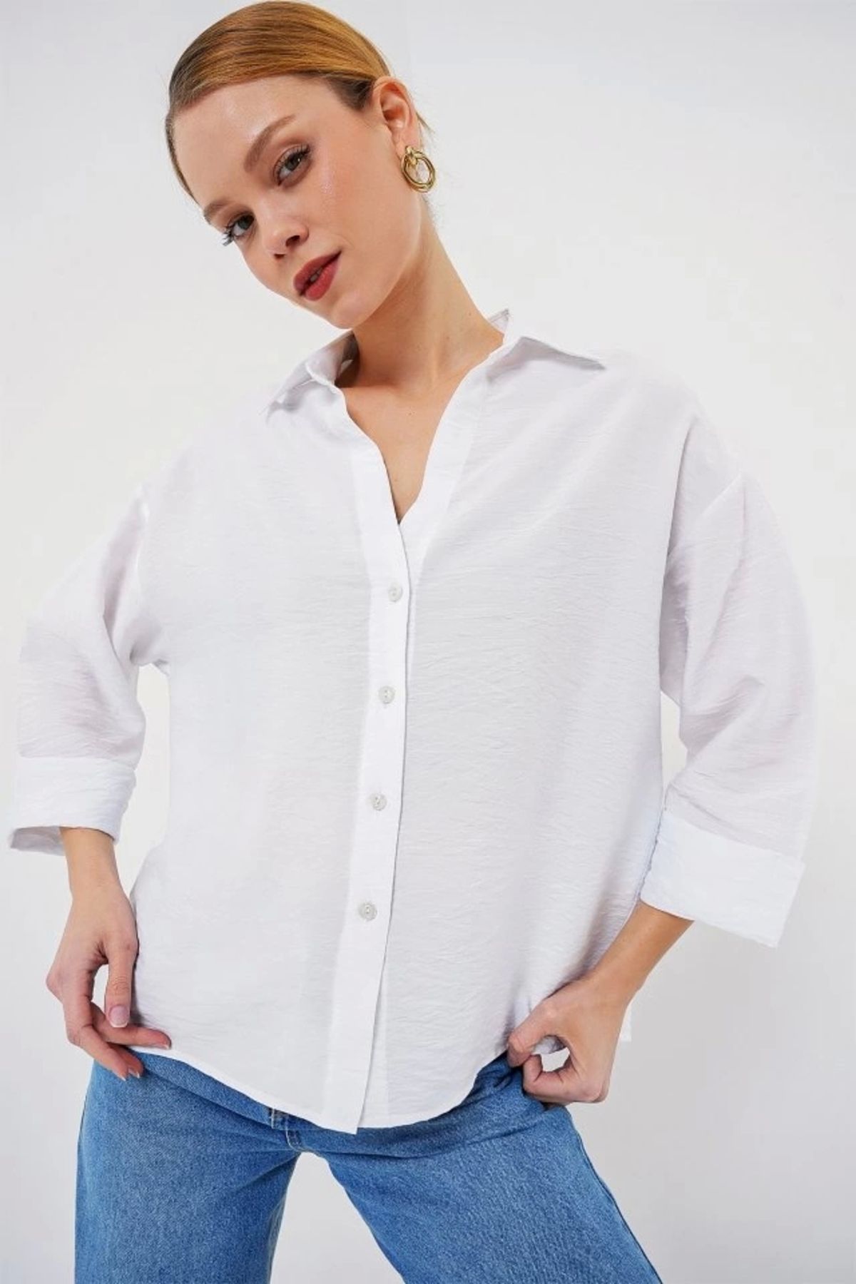 Butik Oversize Kısa Kol Gömlek 20315 - Beyaz