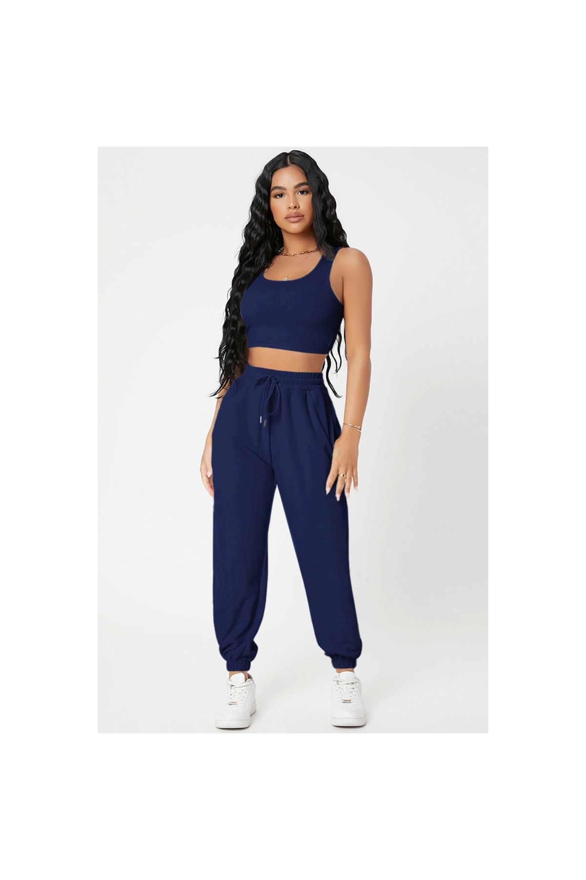 Marsilyan - Kadın Lacivert Kaşkorse Cepli Jogger Eşofman Altı ve Crop Top Bluz