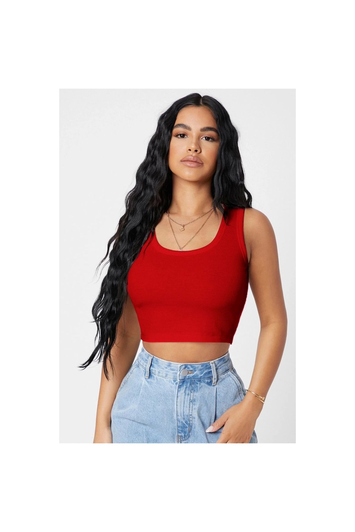 Marsilyan - Kadın Kırmızı Kare Yaka Crop Top Bluz