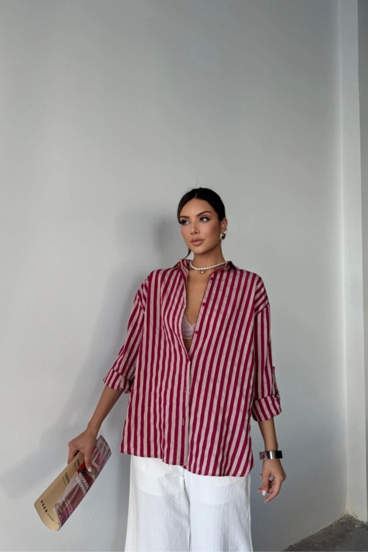 Butik ÇİZGİLİ GÖMLEK KETEN - Bordo