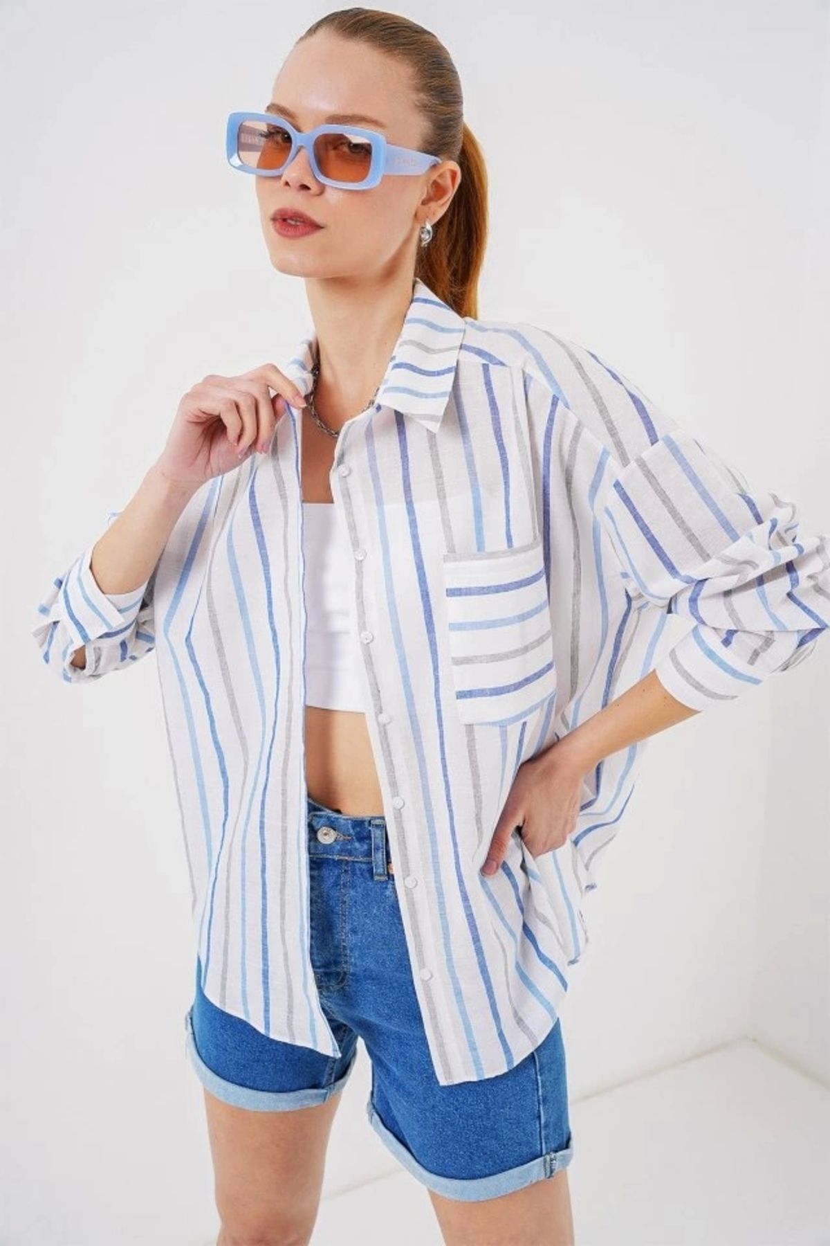 Butik Çizgili Oversize Gömlek 20278 - Mavi