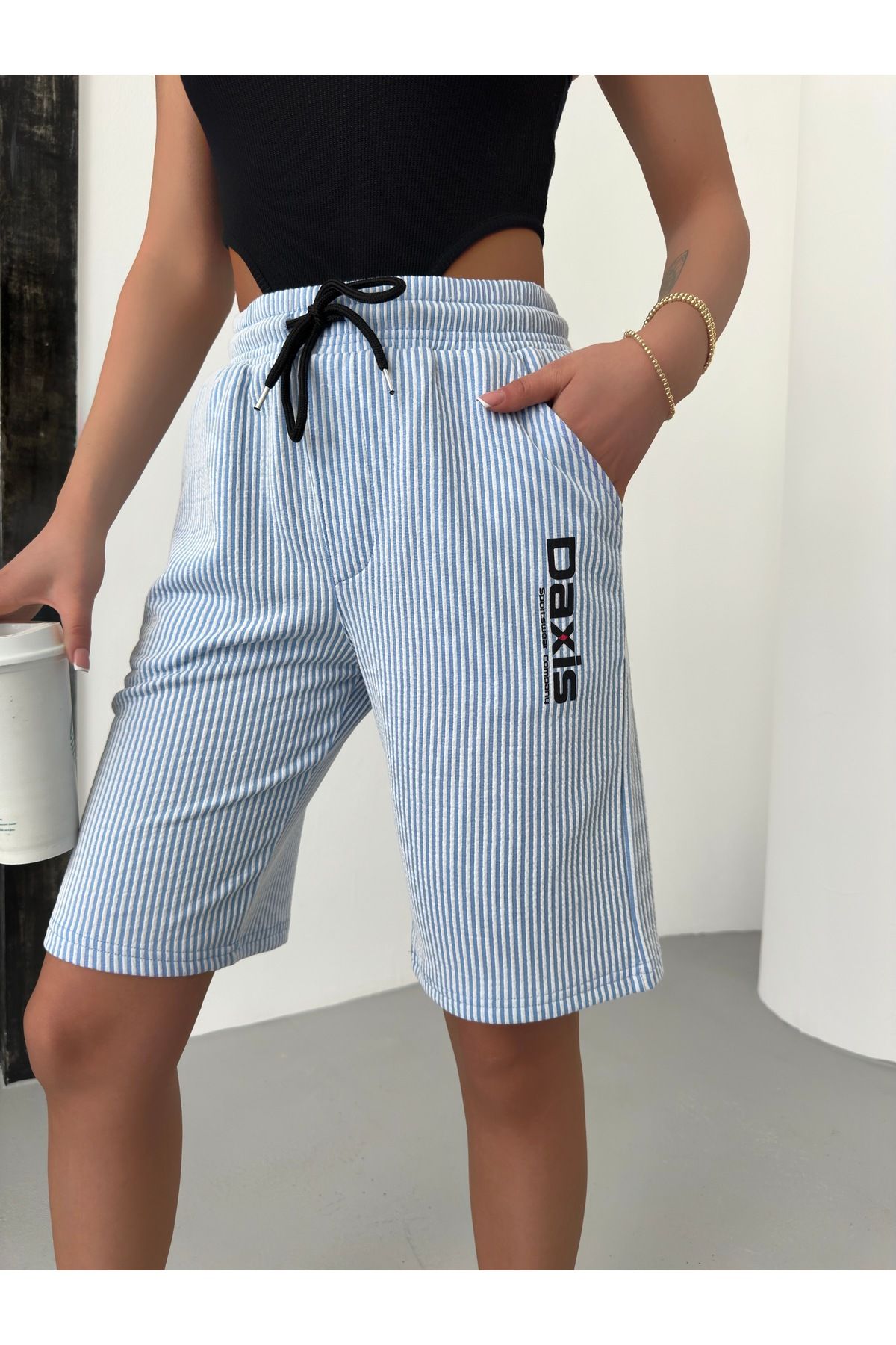 DAXİS Sportwear Company KADIN Çizgili Penye Rahat Kesim Kadın Şort