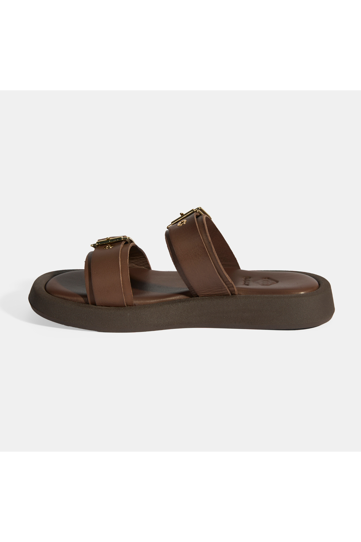Desa-Women's Brown Buckle Detailed Leather Slippers 3