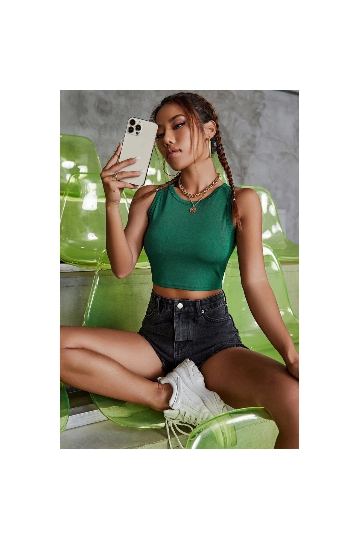 Marsilyan - Kadın Yeşil Kare Yaka Crop Top Bluz