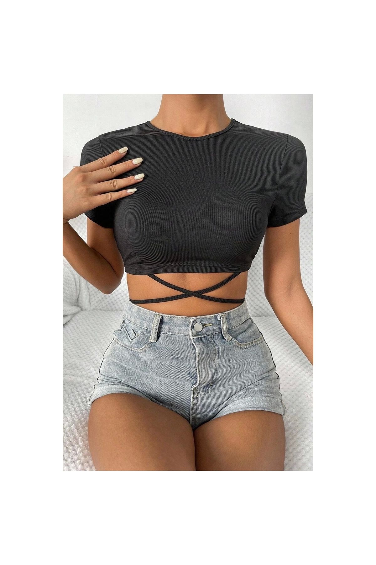 Marsilyan - Kadın Siyah Yarım Kol Çapraz Bağlamalı Crop Top Bluz