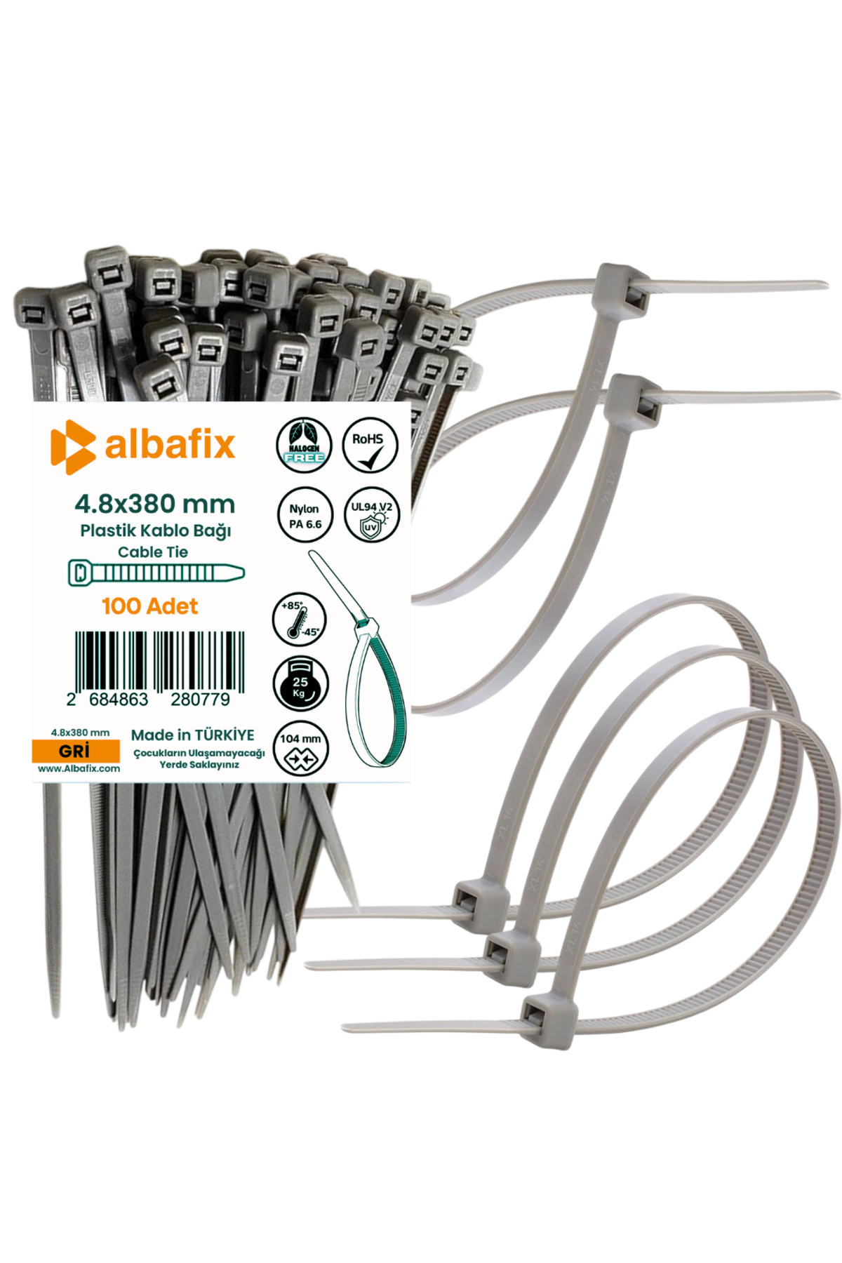 Home 4.8x380 mm Gri Plastik Kablo Bağı Klipsi Cırt Kelepçe 100 Adet