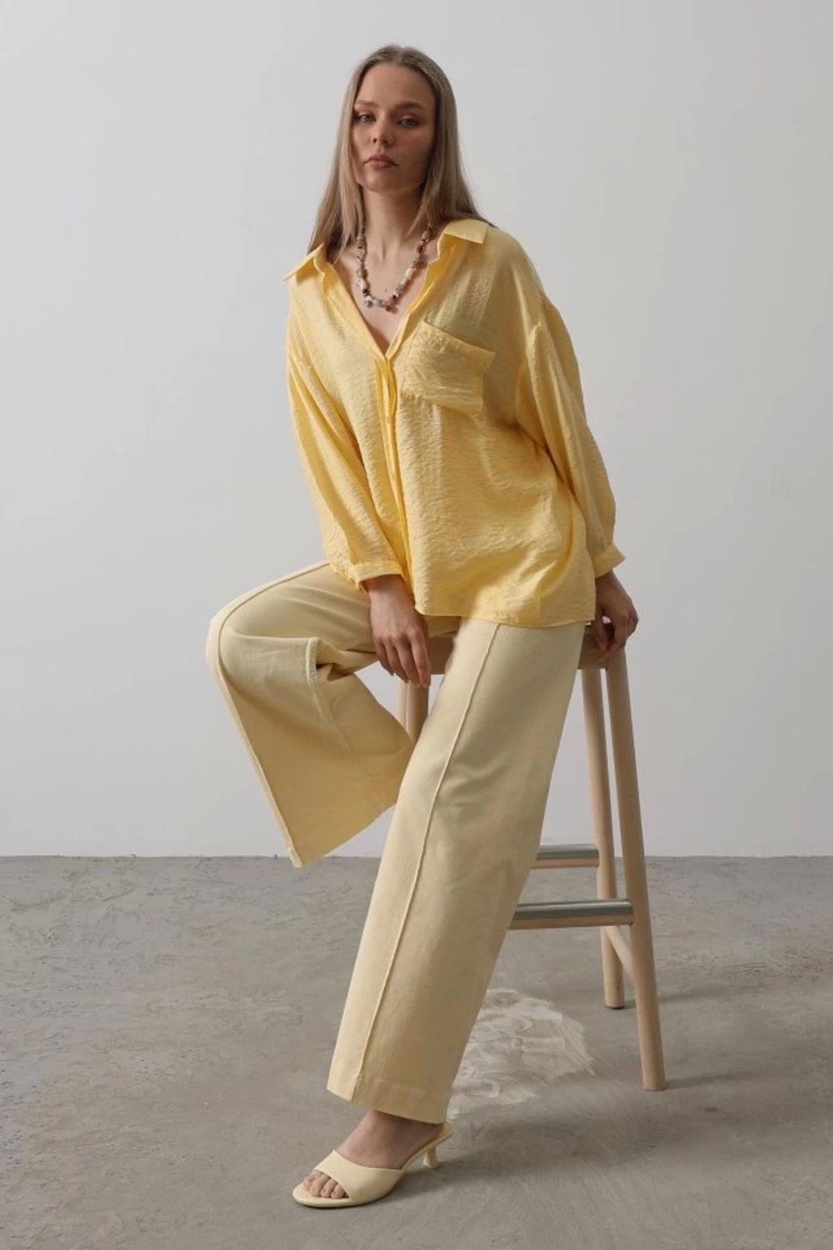 Butik Cepli Oversize Gömlek - Sarı