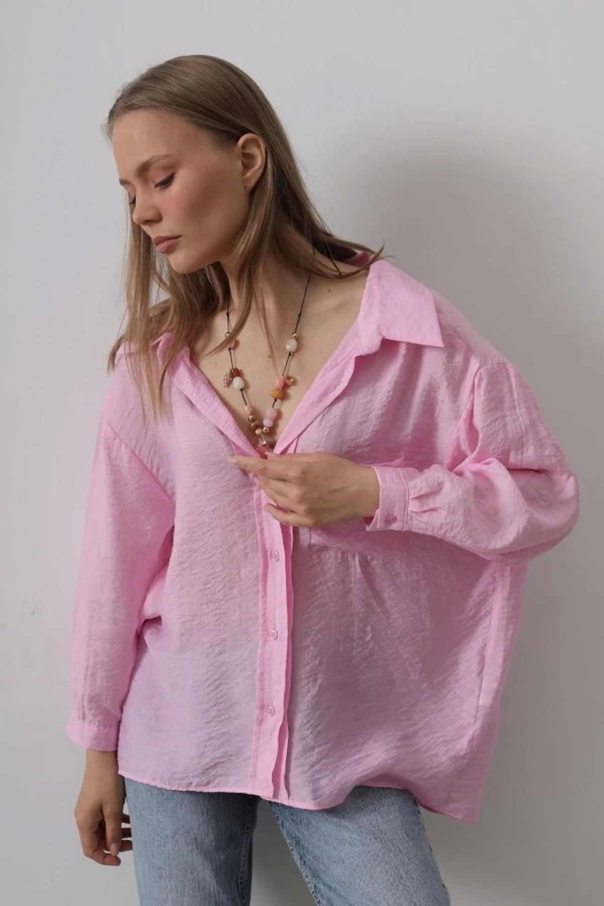 Butik Cepli Oversize Gömlek - Pembe