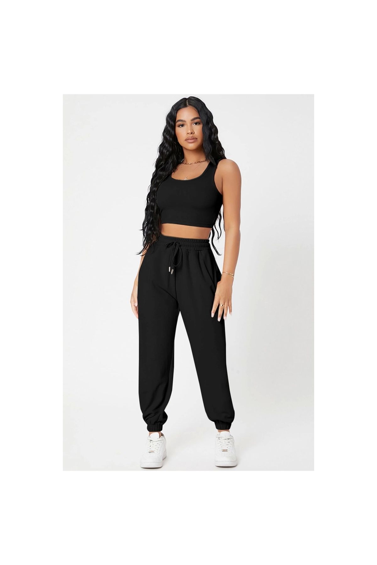 Marsilyan - Kadın Siyah Kaşkorse Cepli Jogger Eşofman Altı ve Crop Top Bluz