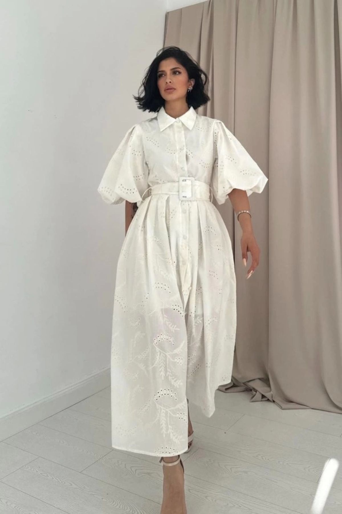 Butik Ekru Pileli Balkon Elbise