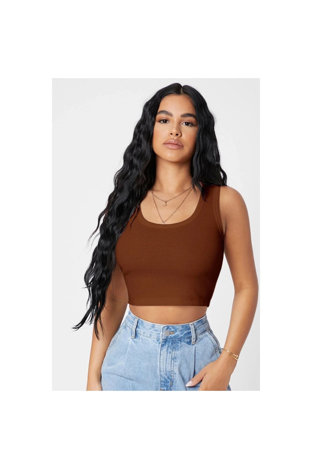 Marsilyan - Kadın Kahverengi Kare Yaka Crop Top Bluz