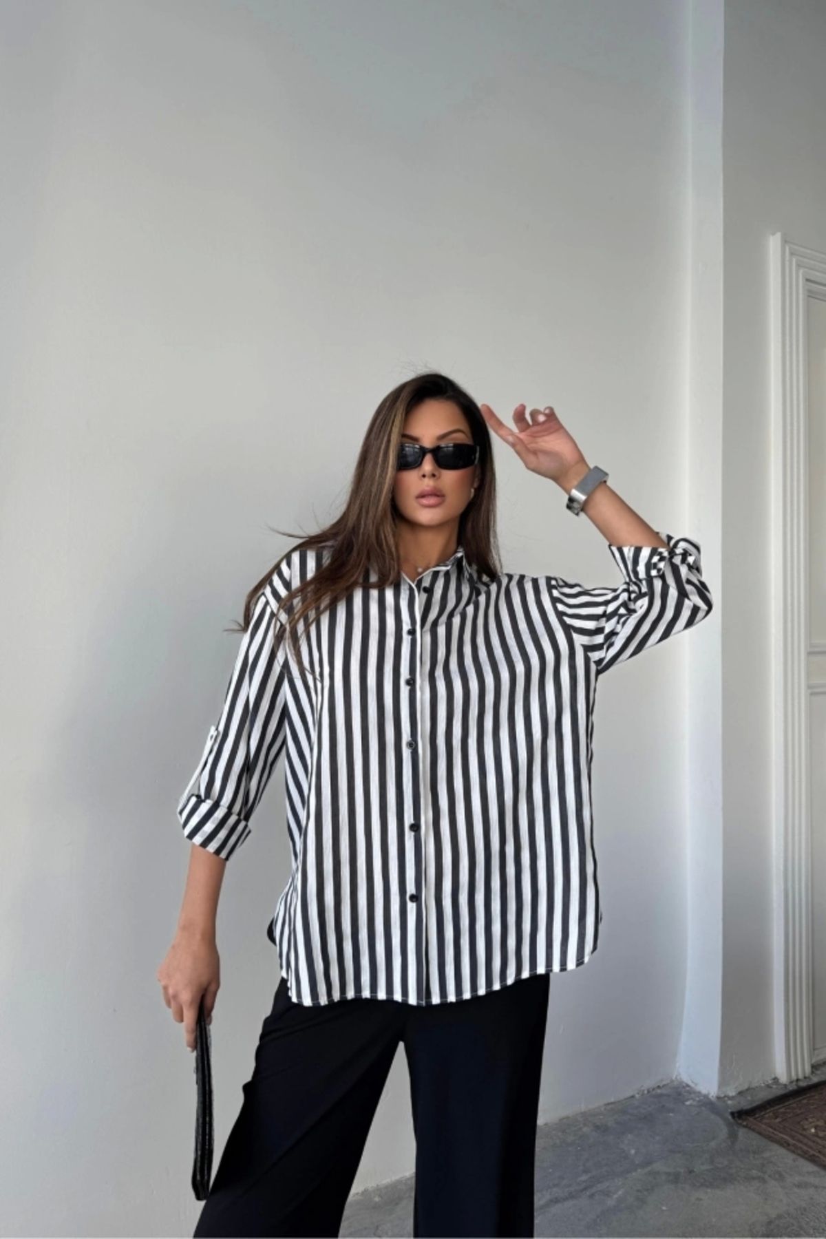 Butik ÇİZGİLİ GÖMLEK KETEN - Siyah