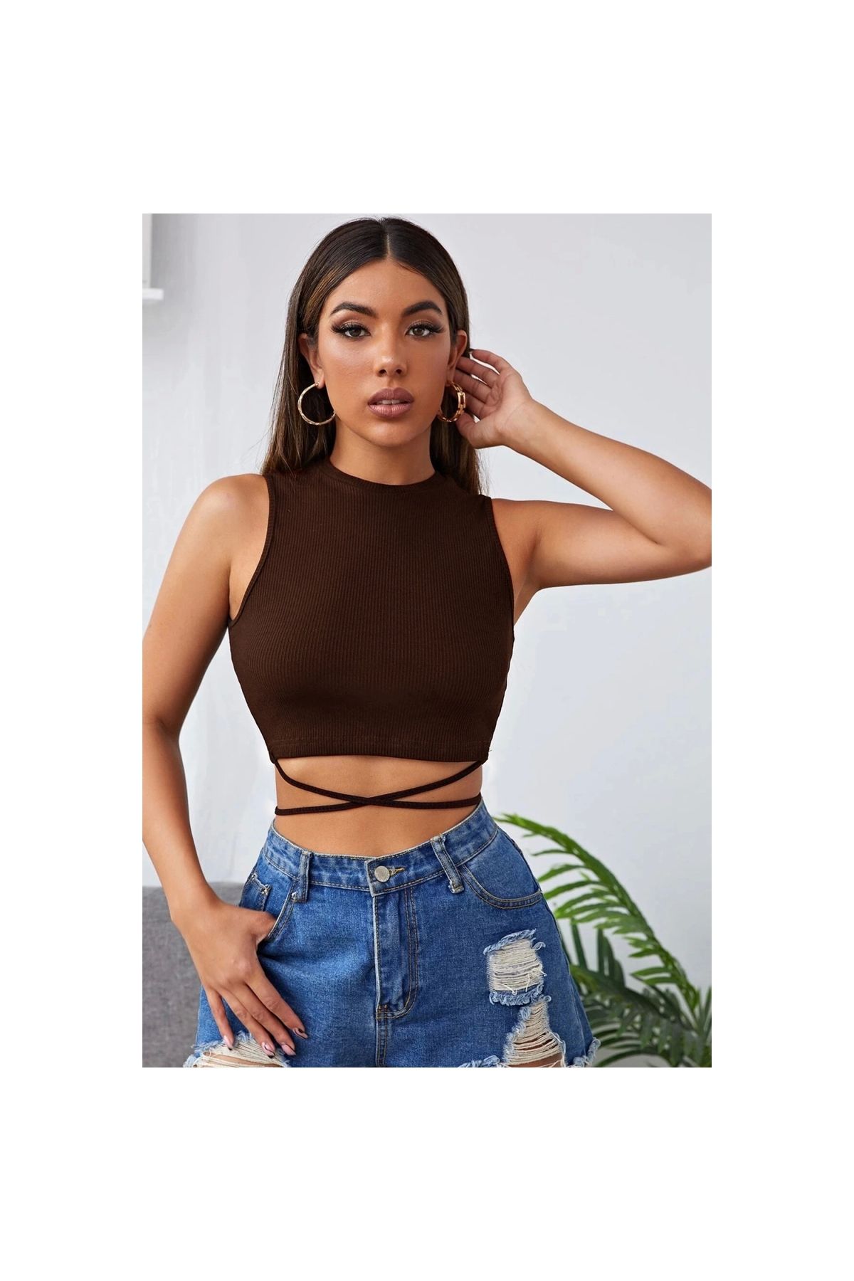 Marsilyan - Kadın Kahverengi Çapraz Bağlamalı Crop Top Büstiyer