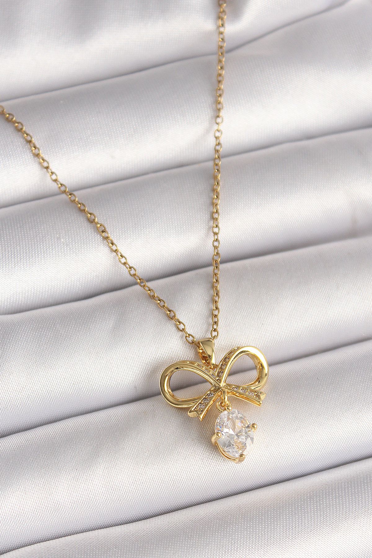 callerrons accessories Gold Renk Zincir Zirkon Taşlı Kurdele Model Kadın Kolye - EBJ250501W32738