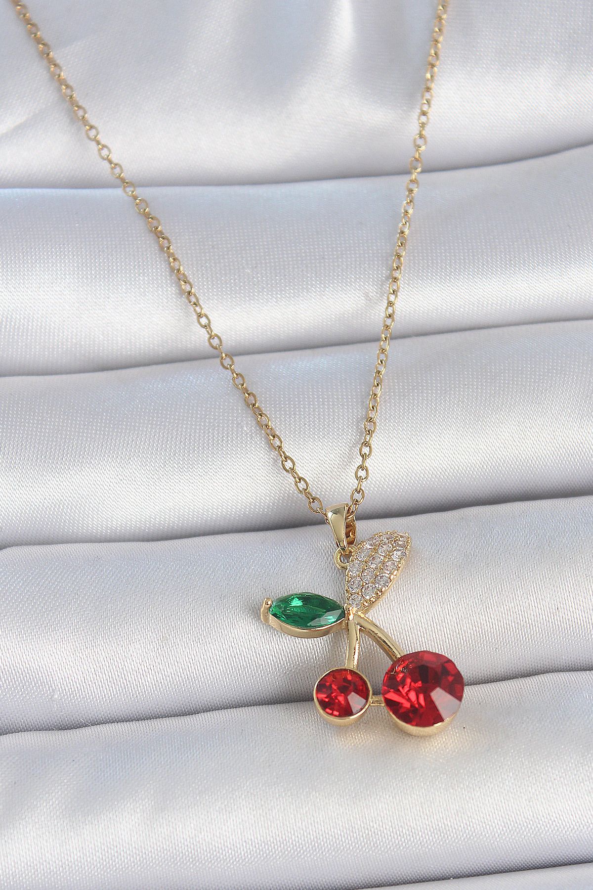 callerrons accessories Gold Renk Kırmızı Zirkon Taşlı Kiraz Model Kadın Kolye - EBJ250501W33571
