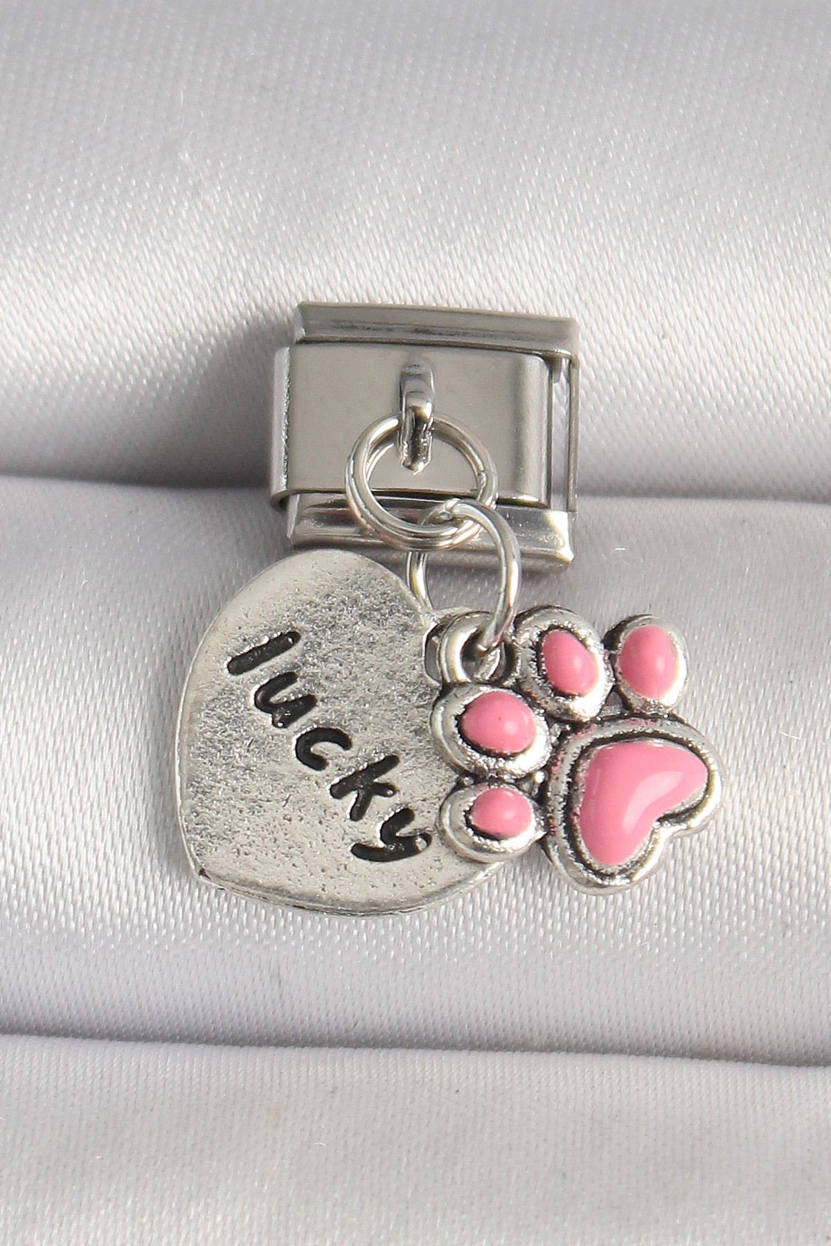 callerrons accessories Gümüş Renk Pembe Pati 'lucky' İşlemeli Kalp Model Nomination Charm - EBJ250501W32869