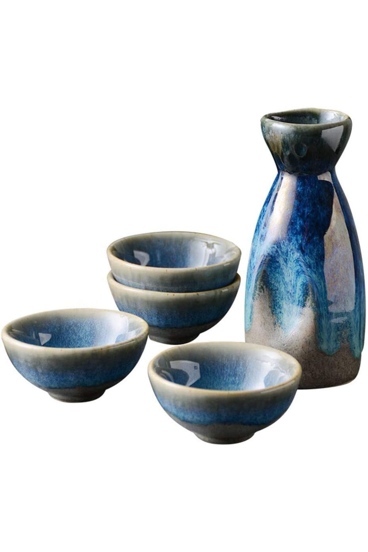 Uziqueif Japon Sake Seti, 5 Parça El Boyaması Seramik Sake Servis Seti, 4 x 30 ml Bardak + 1 x 130 ml Tencere