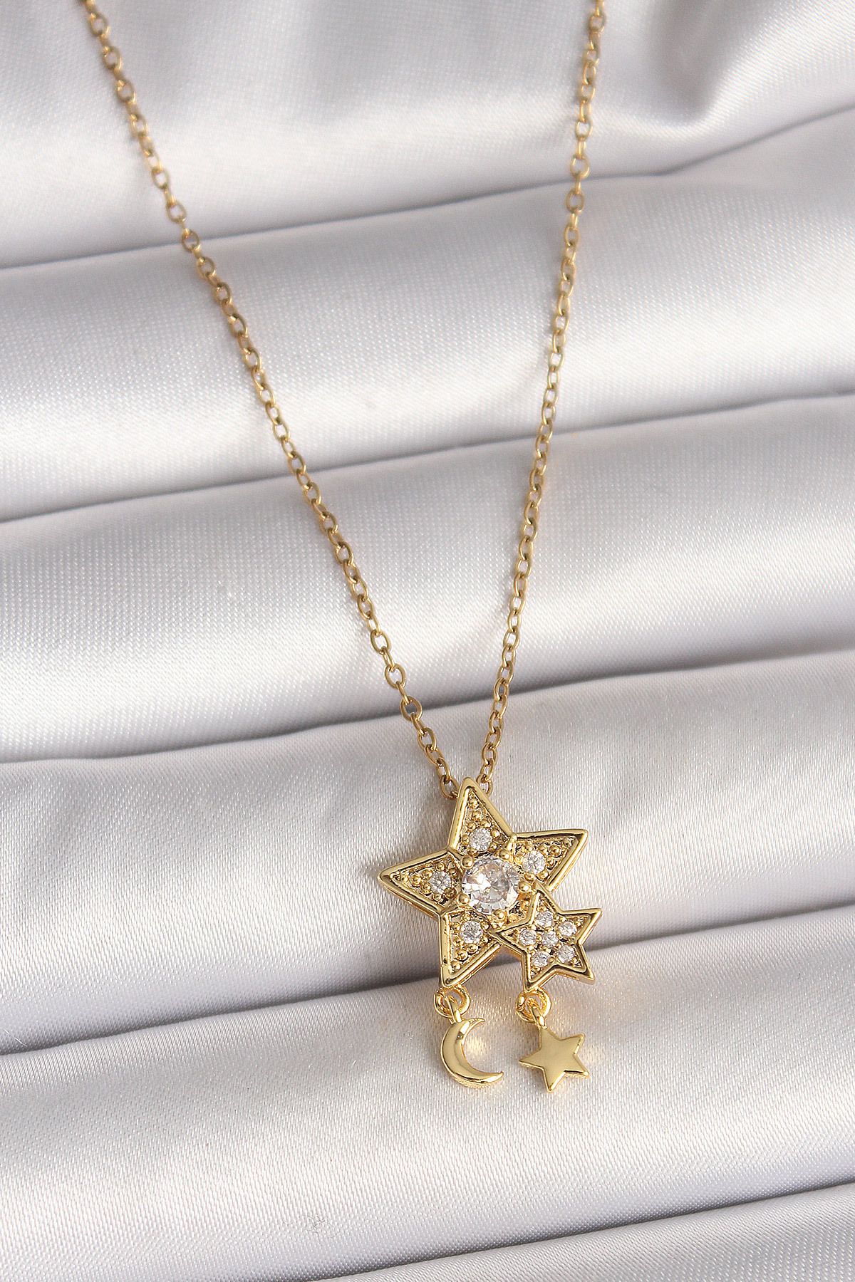 callerrons accessories Gold Renk Zincir Zirkon Taşlı Yıldız Model Sallanı Ay Yıldız Detay Kadın Kolye - EBJ250501W32751