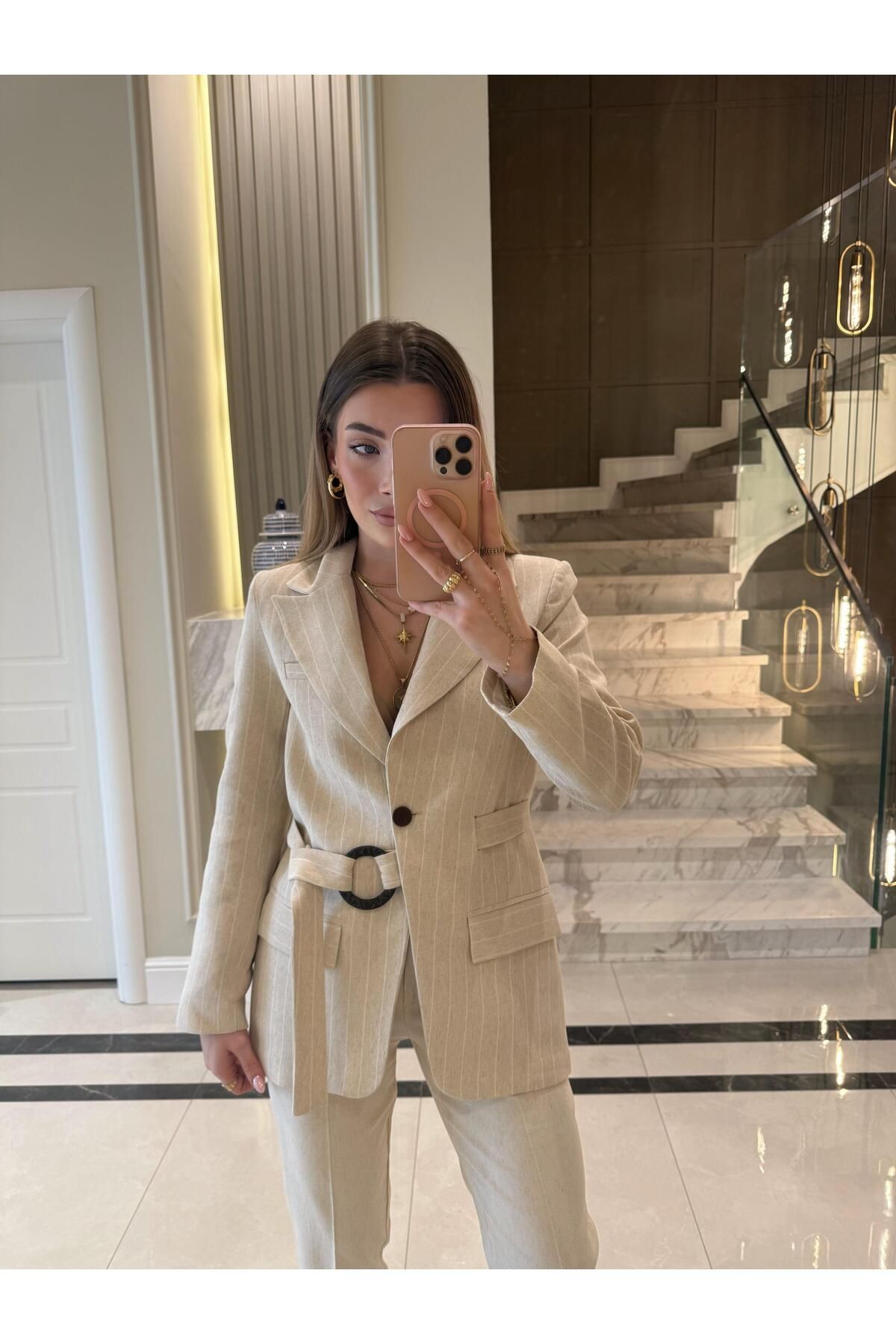 CKBUTİK Kemerli Gabardin Keten Kuşaklı Ceket