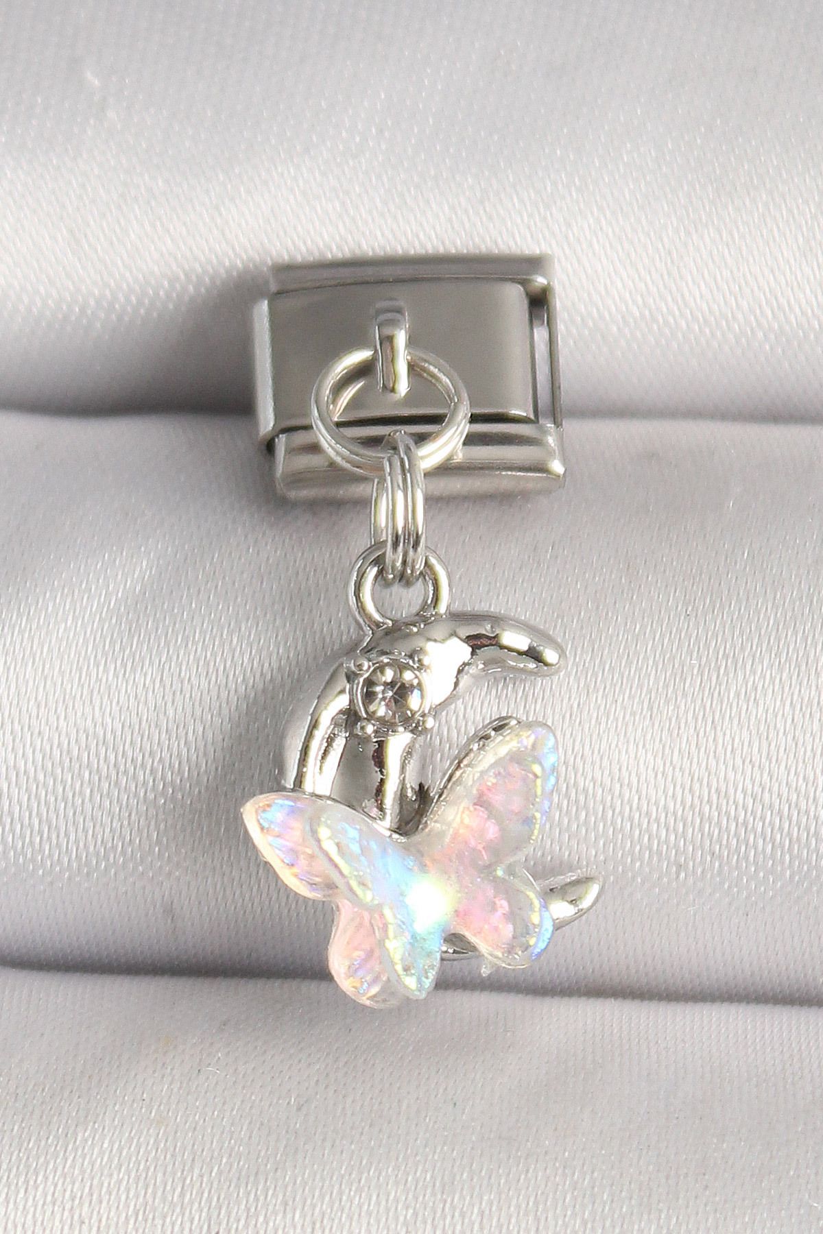 callerrons accessories Gümüş Renk Zirkon Taşlı Hilal Beyaz Mineli Kelebek Model Nomintaion Charm - EBJ250501W32923