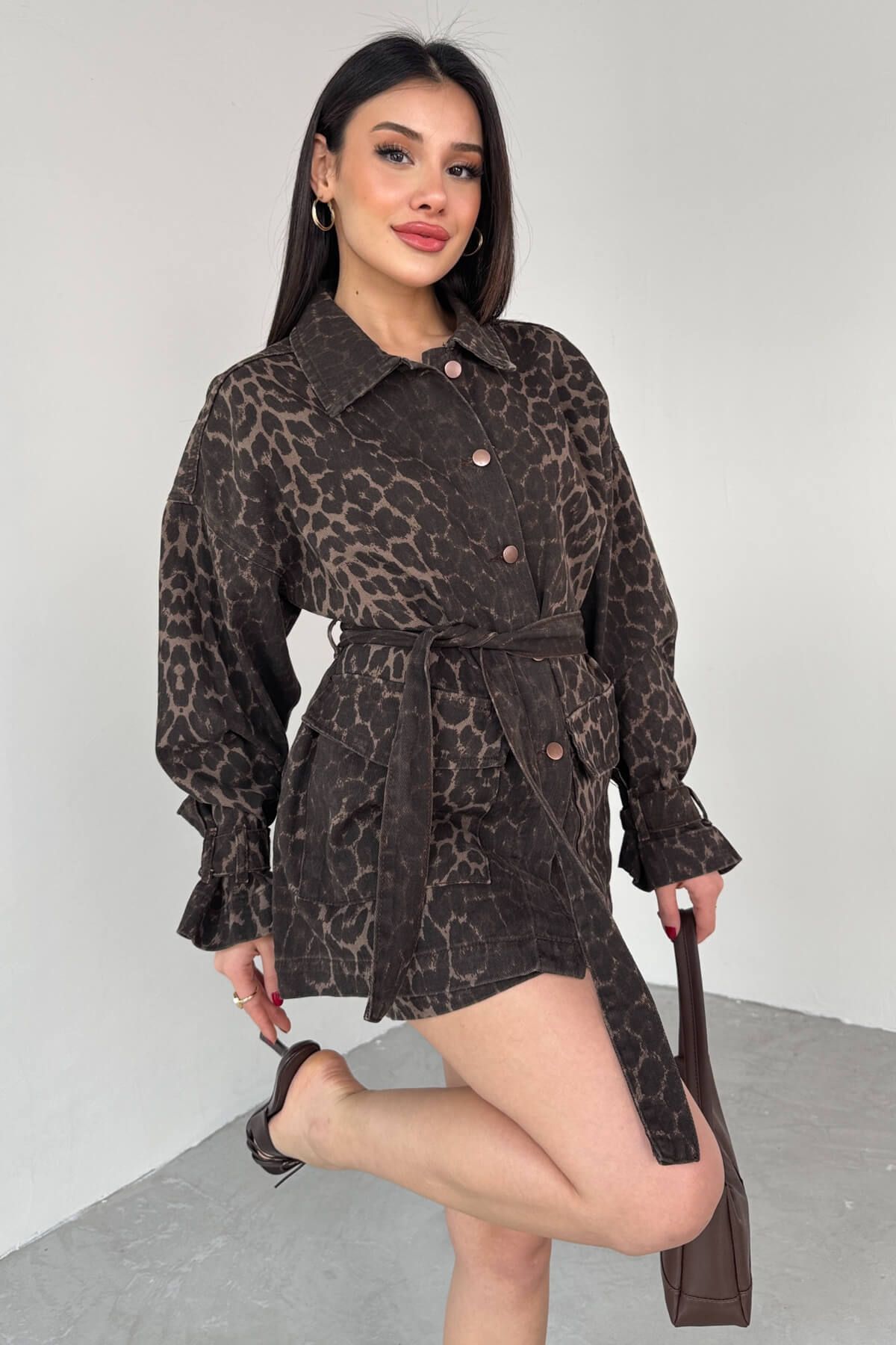 Cappmoda-Tkm-03706 Leopard Patterned Denim Jacket Mini Skirt with Pockets Double Set 6