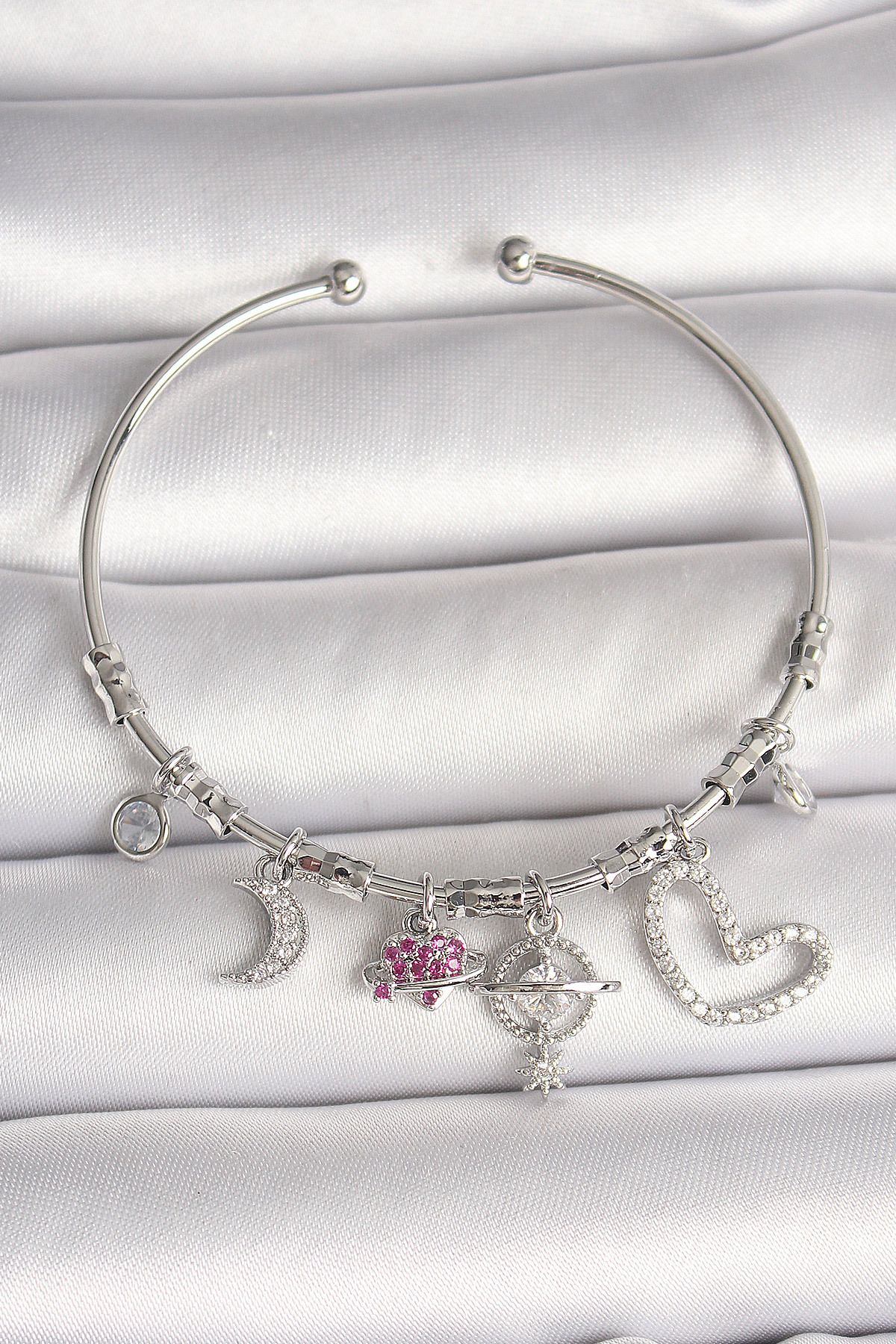 callerrons accessories Pirinç Gümüş Renk Sallantı Zirkon Taşlı Gezegen Figür Kalp Detay Charm Kadın Bileklik - EBJ250501W32