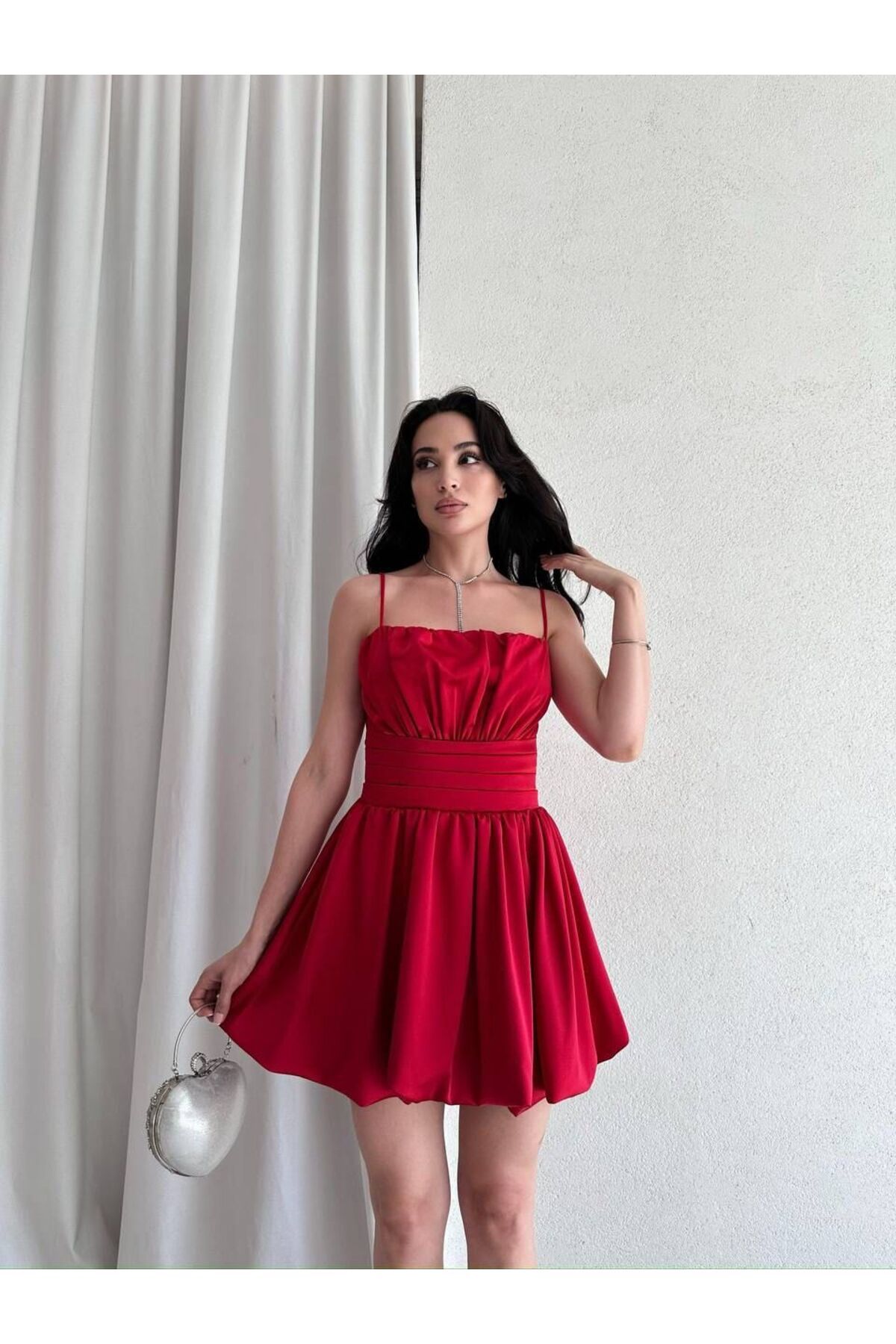 MAXMOOR Kadın Kırmızı Saten Mini Elbise