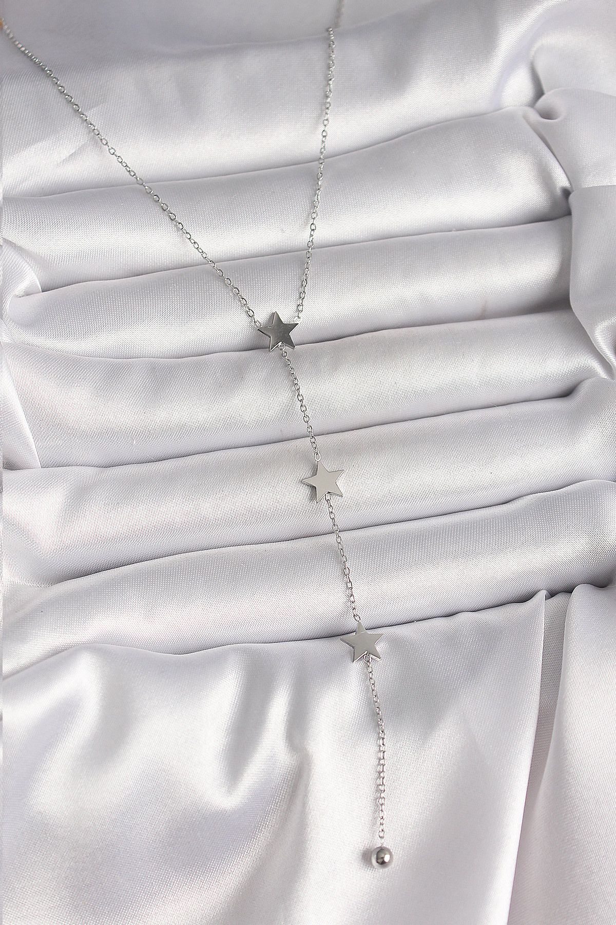 callerrons accessories Gümüş Renk Yıldızlı Model Topçuk Detay Kadın Y Kolye - EBJ250501W33476