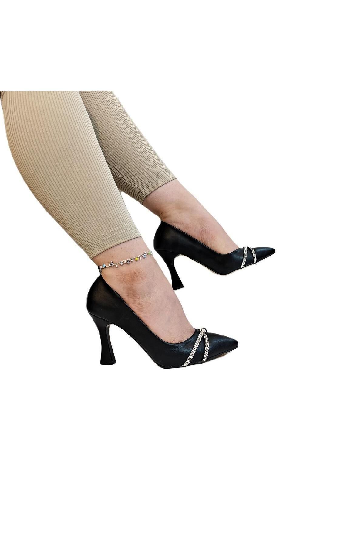 Fiyra 7030 Siyah Örgü Taşlı Kadeh Topuk Stiletto Topuklu Ayakkabı