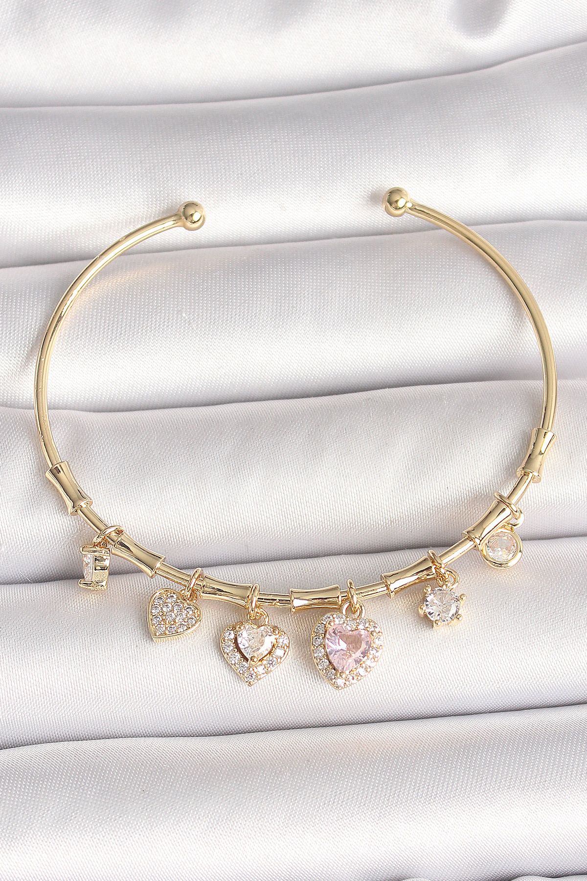 callerrons accessories Pirinç Gold Renk Sallantı Pembe Zirkon Taşlı Kalp Figür Charm Kadın Bileklik - EBJ250501W32810