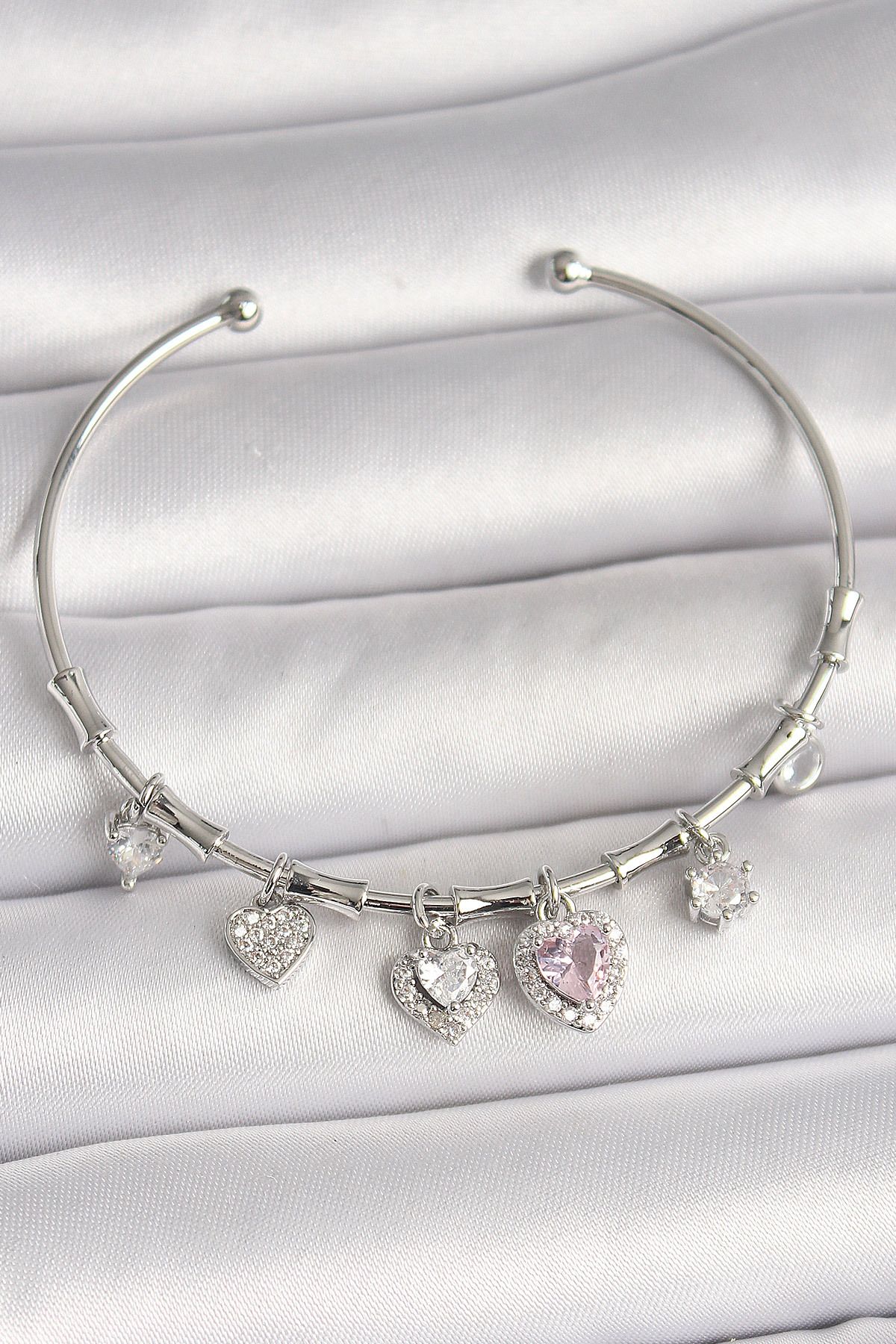 callerrons accessories Pirinç Gümüş Renk Sallantı Pembe Zirkon Taşlı Kalp Model Charm Kadın Bileklik - EBJ250501W33503