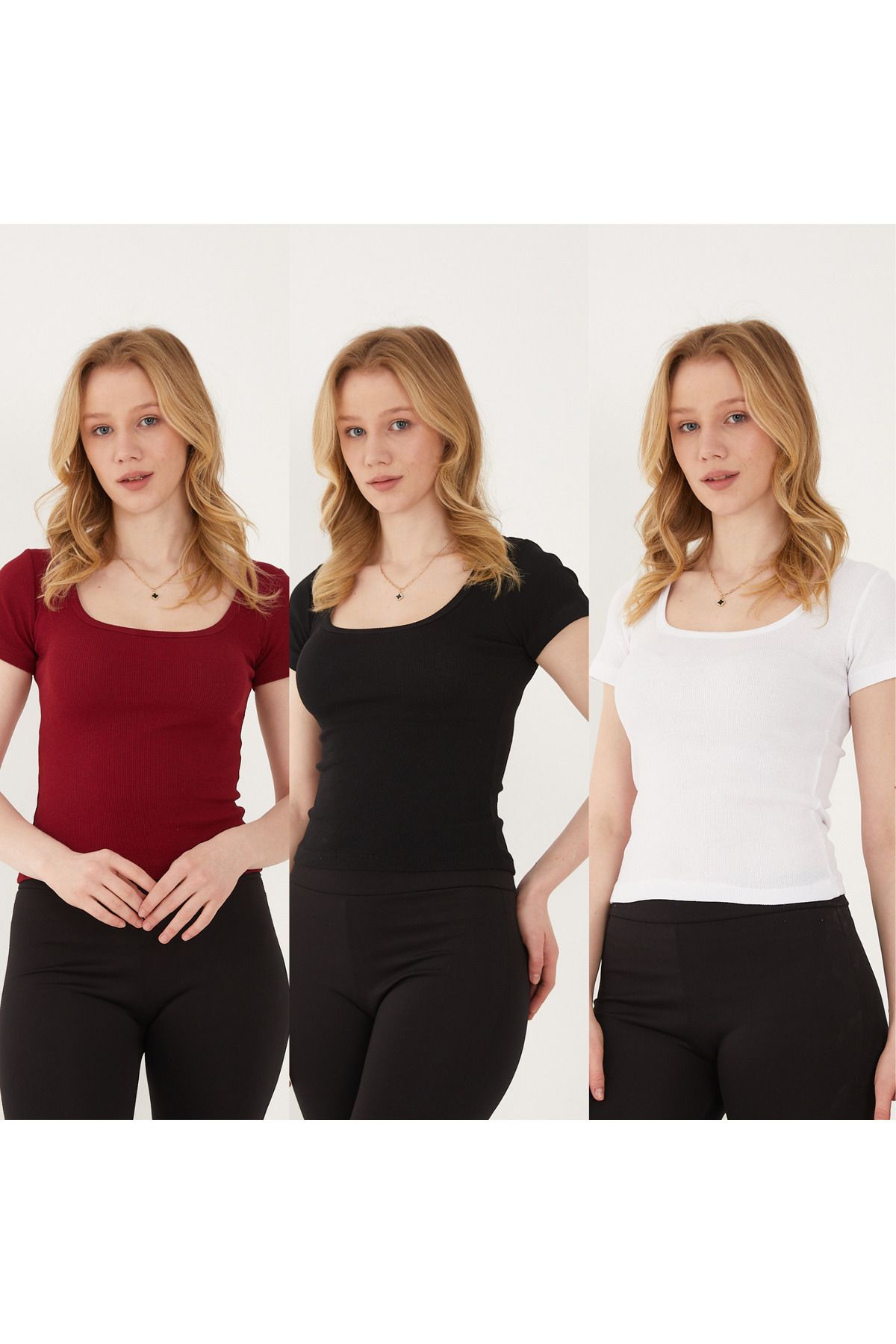 Wearflawless Kadın 3'lü Adet Kısa Kollu Fitilli U Yaka Pamuklu Örme Kaşkorse T-Shirt Bluz Body