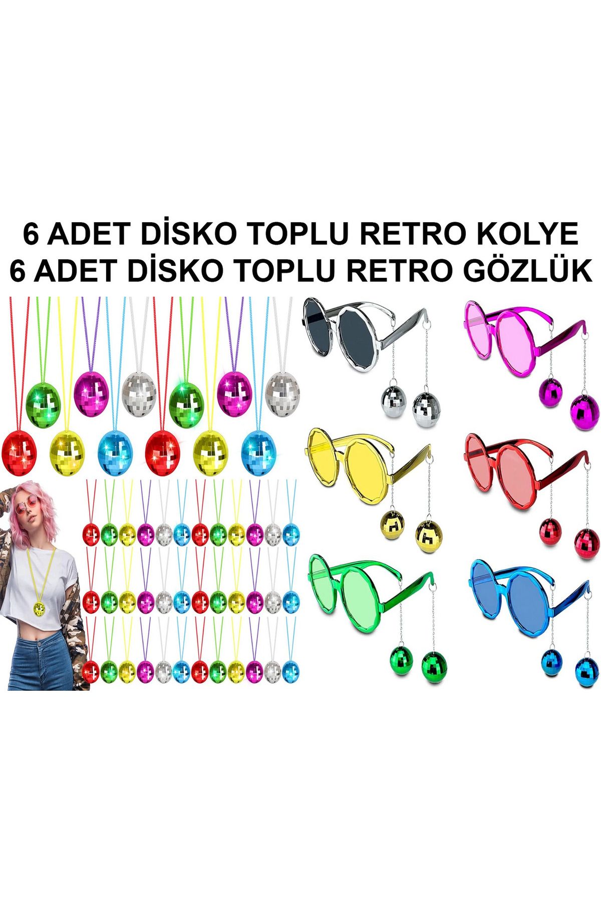 HobiDünyasıElif 12 Parça Renkli Disko Toplu Retro Parti Seti – 6 Kolye + 6 Gözlük - Lisinya