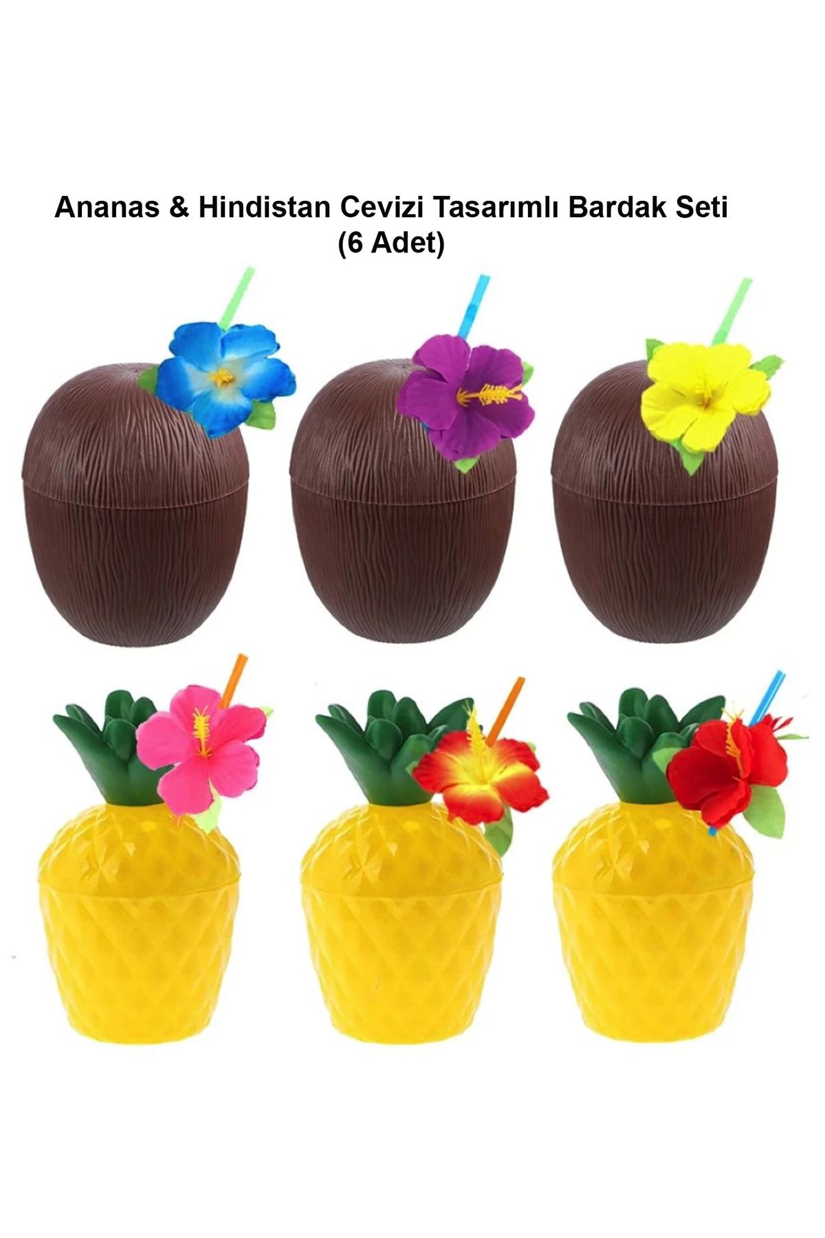 HobiDünyasıElif Ananas Hindistan Cevizi Tasarımlı Pipetli Bardak Seti (6 Adet) - Lisinya