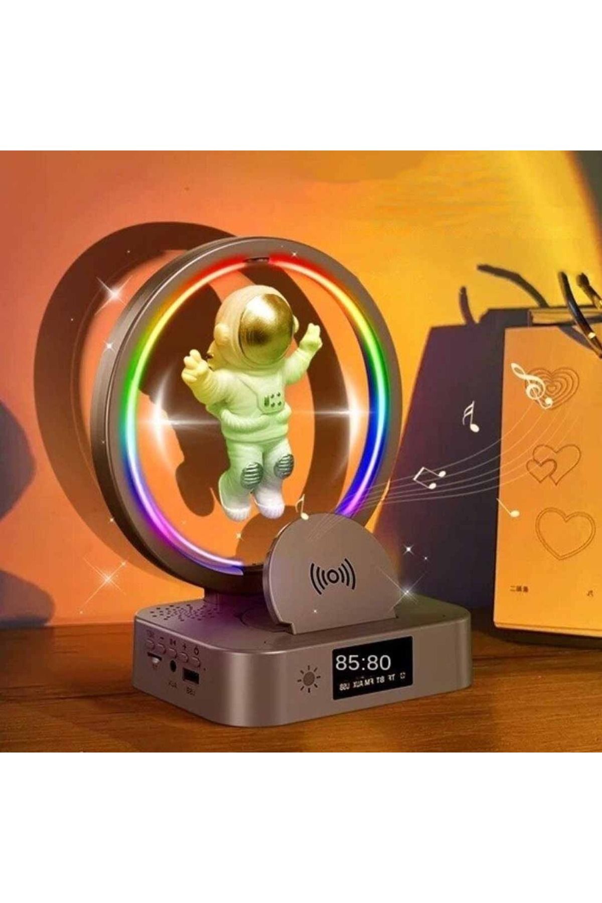 Generic-Magnetic Levitating Astronaut Bluetooth Speaker with Light, Clock & Wireless Charging – Golden 5