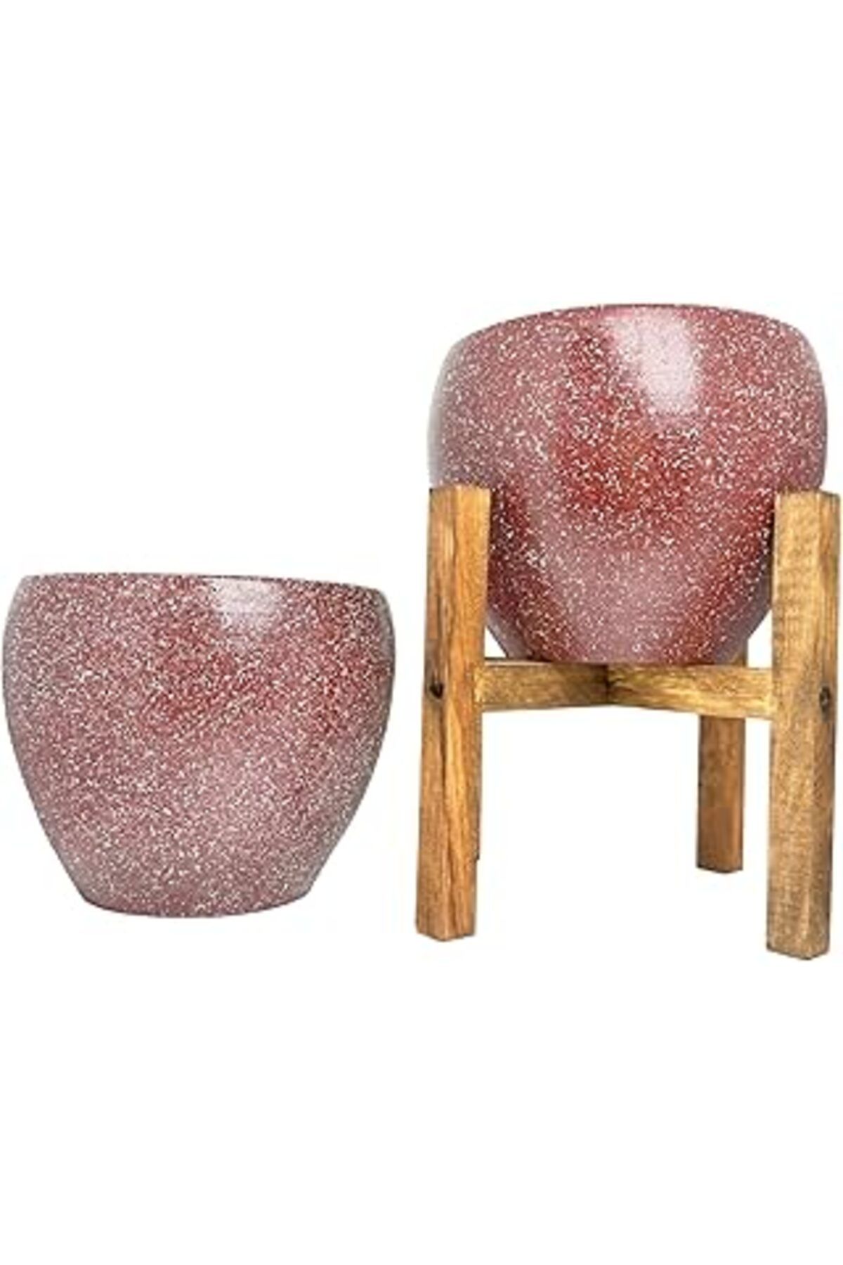 Mu Art Ahşap Bitki Tasarımı Ev Dekorasyon Bordo Granit Toprak Saksı Saksılık Salon Çiçeklik İkili Set Ayaksız -