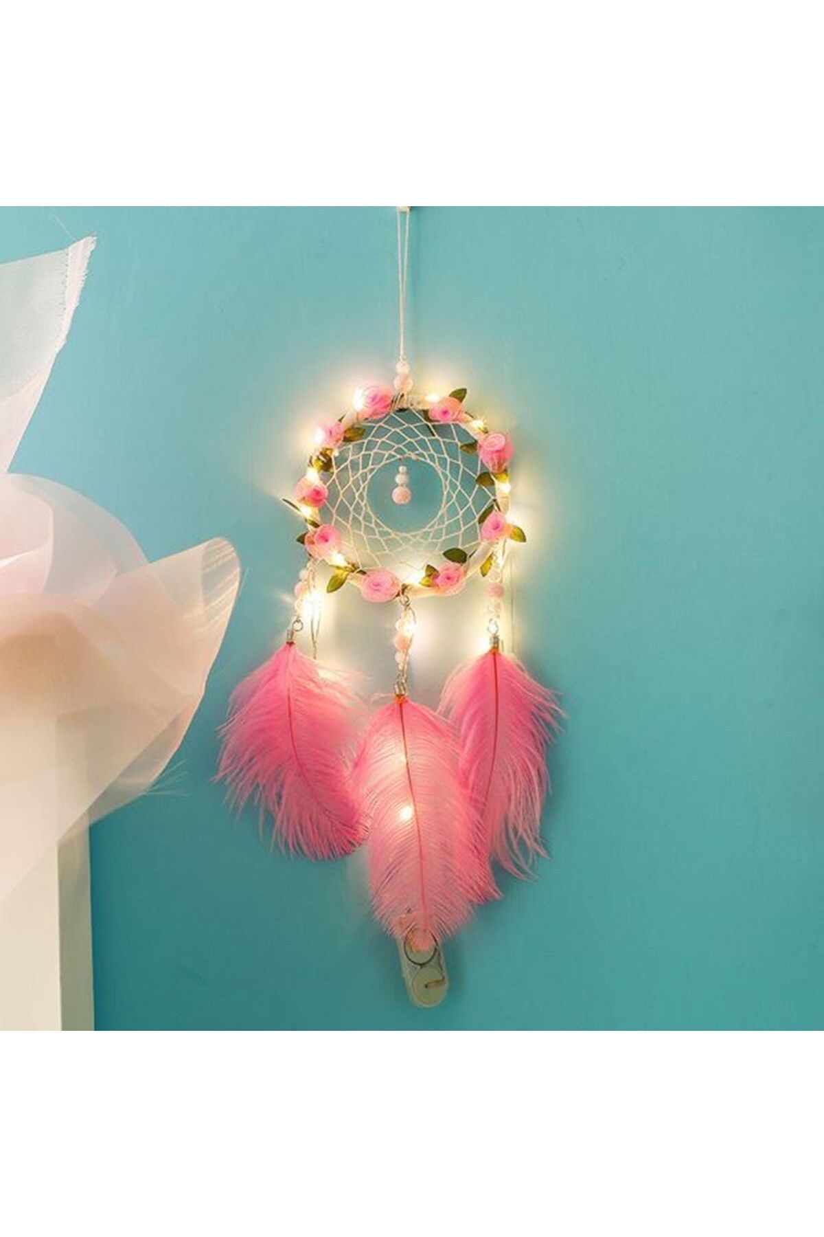 gizmurstore El Yapımı Kuş Tüyü ve Led Işıklı Dekoratif Asma Düş Rüya Kapanı (4767) - GMS8369-6648