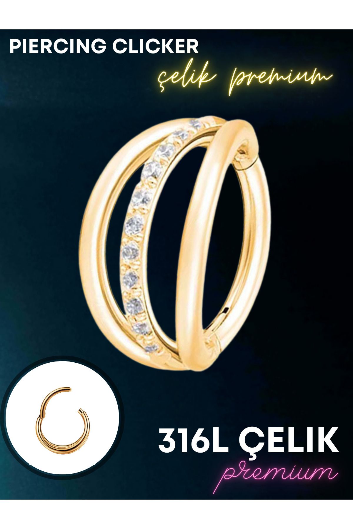 Luckshery Helix, Tragus, Septum, Kulak Memesi için Zirkon Taşlı Çok Amaçlı Piercing Clicker (Gümüş/Altın)