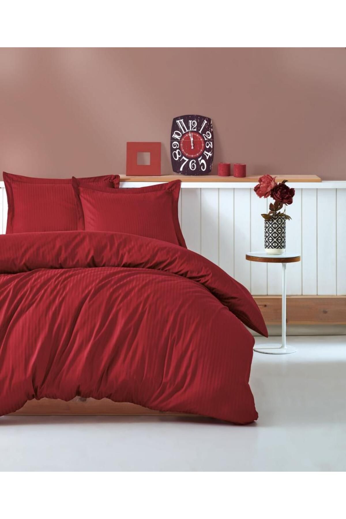 HobiDünyasıElif Çift Kişilik Saten Nevresim Takımı Elegante Stripe Bordo
