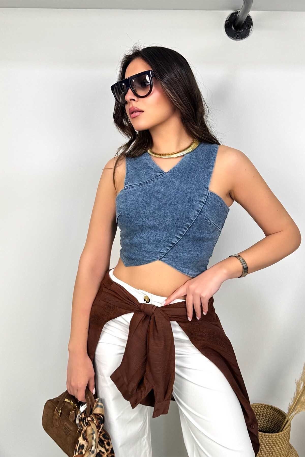 Sohotique By P Likralı Jean Çapraz Kesim Crop Mavi