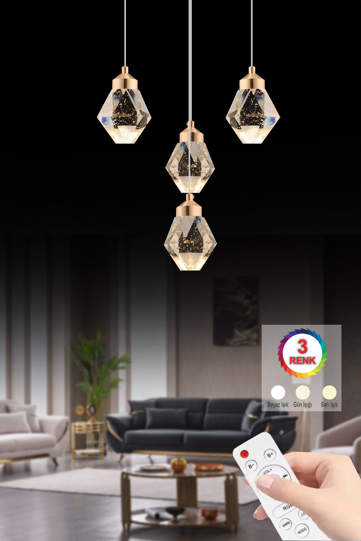 İstanbul Avize İstanbul Avize Kabarcıklı Liya 4'lü Gold Kumandalı Ledli Modern 3 Renk Led Avize