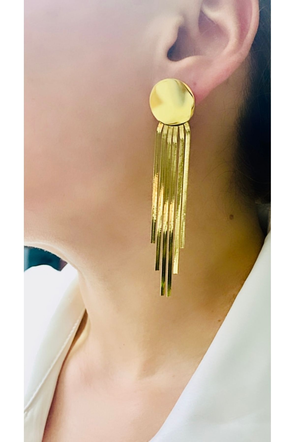 VNS Accessories Çelik Daire Detay Uzun Püskül Küpe ( 8,5 CM)