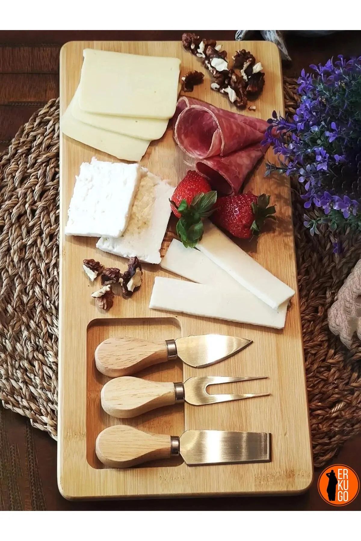 Home Bambu 3 Bıçaklı dekoratif Peynir Sunum tahtası kahvaltı Seti