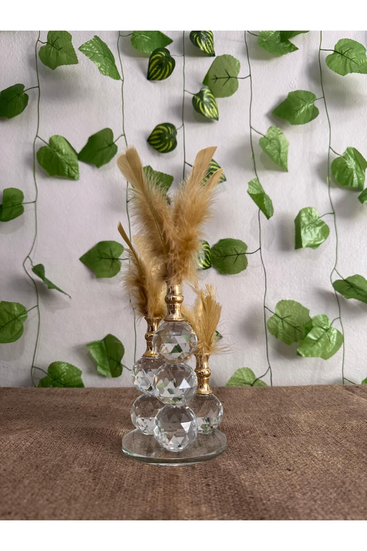 liveisthome 3'lü Gold Tüylü Gold Kristal Top Tüylük Dekor Biblo Süs