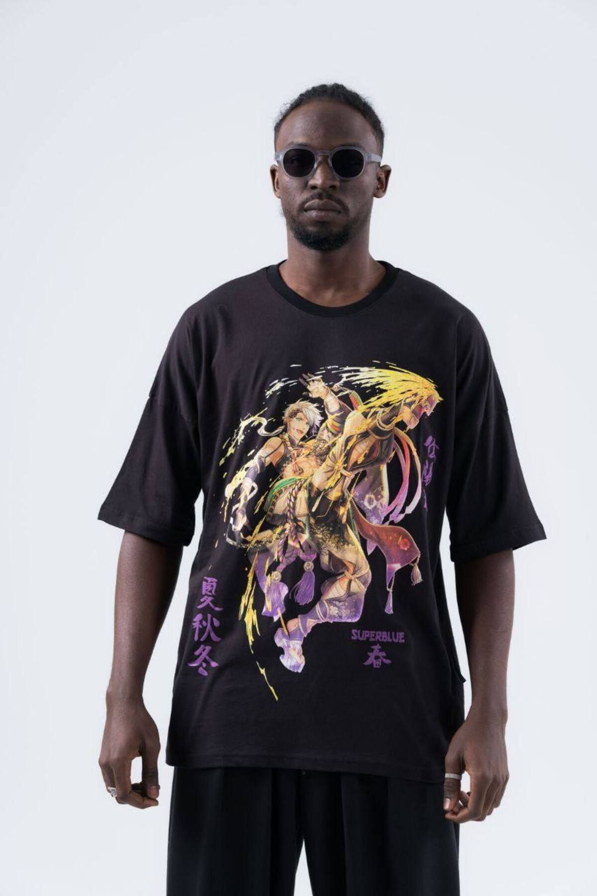 SUPERBLUE Bisiklet Yaka Anime Dijital Baskılı Erkek T-Shirt