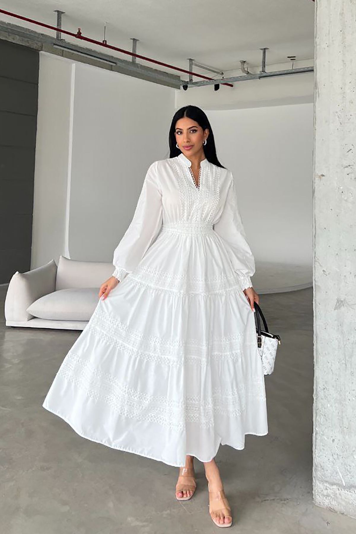 XXL BUTİK XXL Butik kadın beyaz pamuklu poplin kumaş maxi boy elbise X-NBMS4255