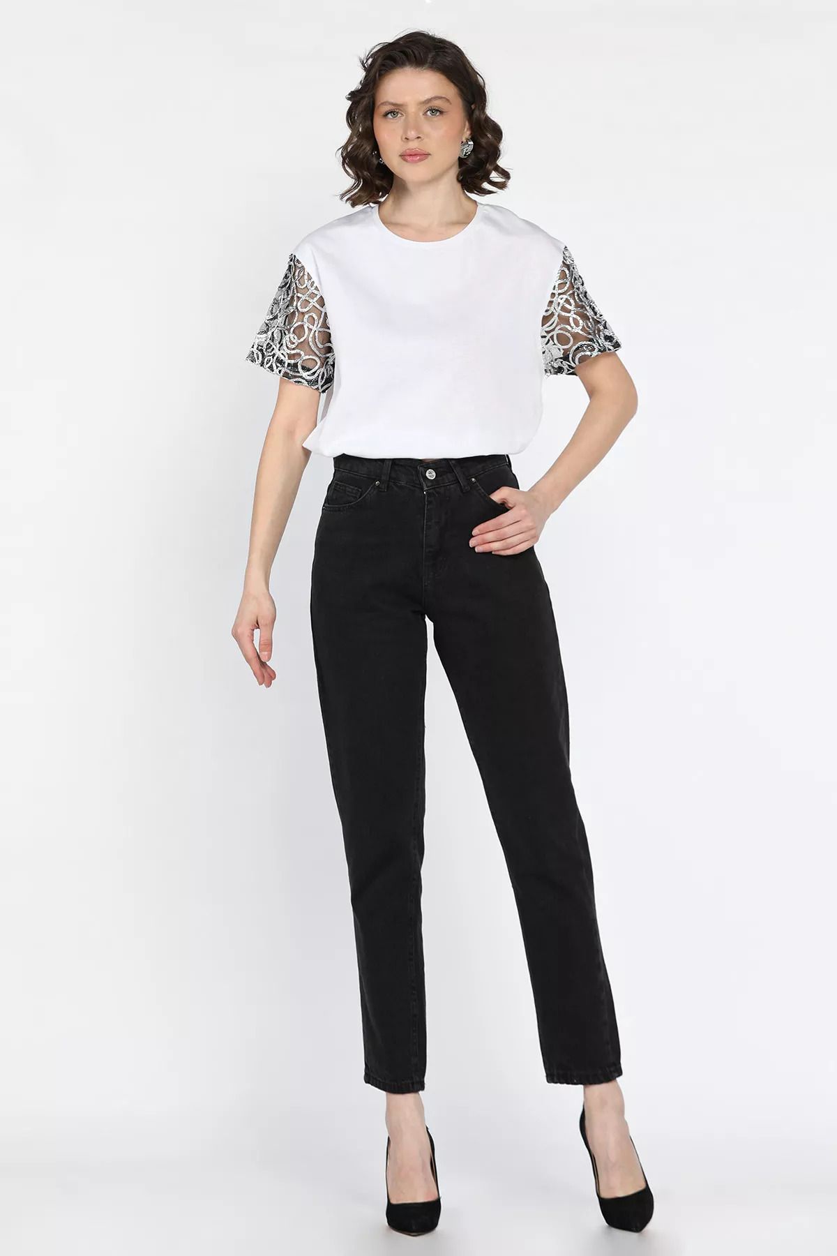 GÜLSELİ Siyah Kadın Yüksek Bel Mom Jeans Kot Pantolon