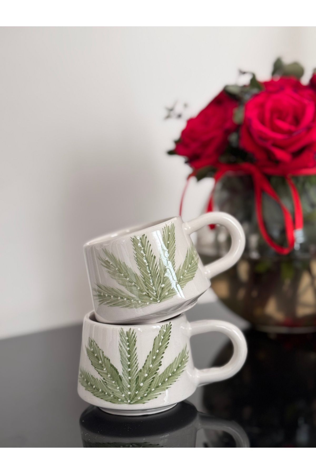ema Seramik 2’Li Kahve Fincanı Kupa Mug Bardak yaprak Desenli 200 ml